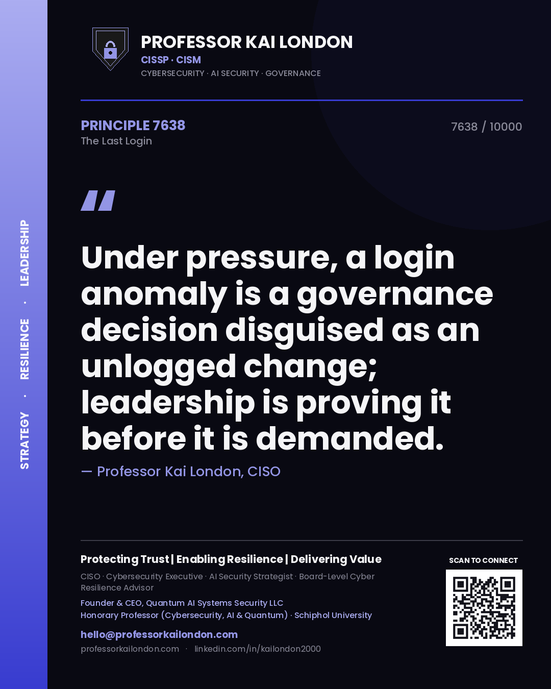 Professor Kai London principle 7638: Under pressure, a login anomaly is a governance decision disguised as an unlogged change; leadership is proving it before it is demanded.