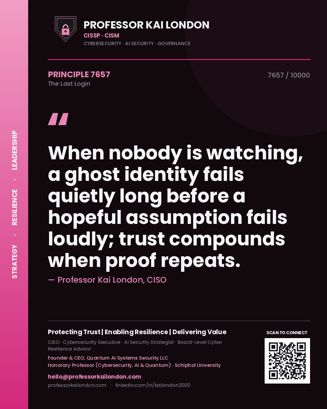 Professor Kai London principle 7657: When nobody is watching, a ghost identity fails quietly long before a hopeful assumption fails loudly; trust compounds when proof repeats.