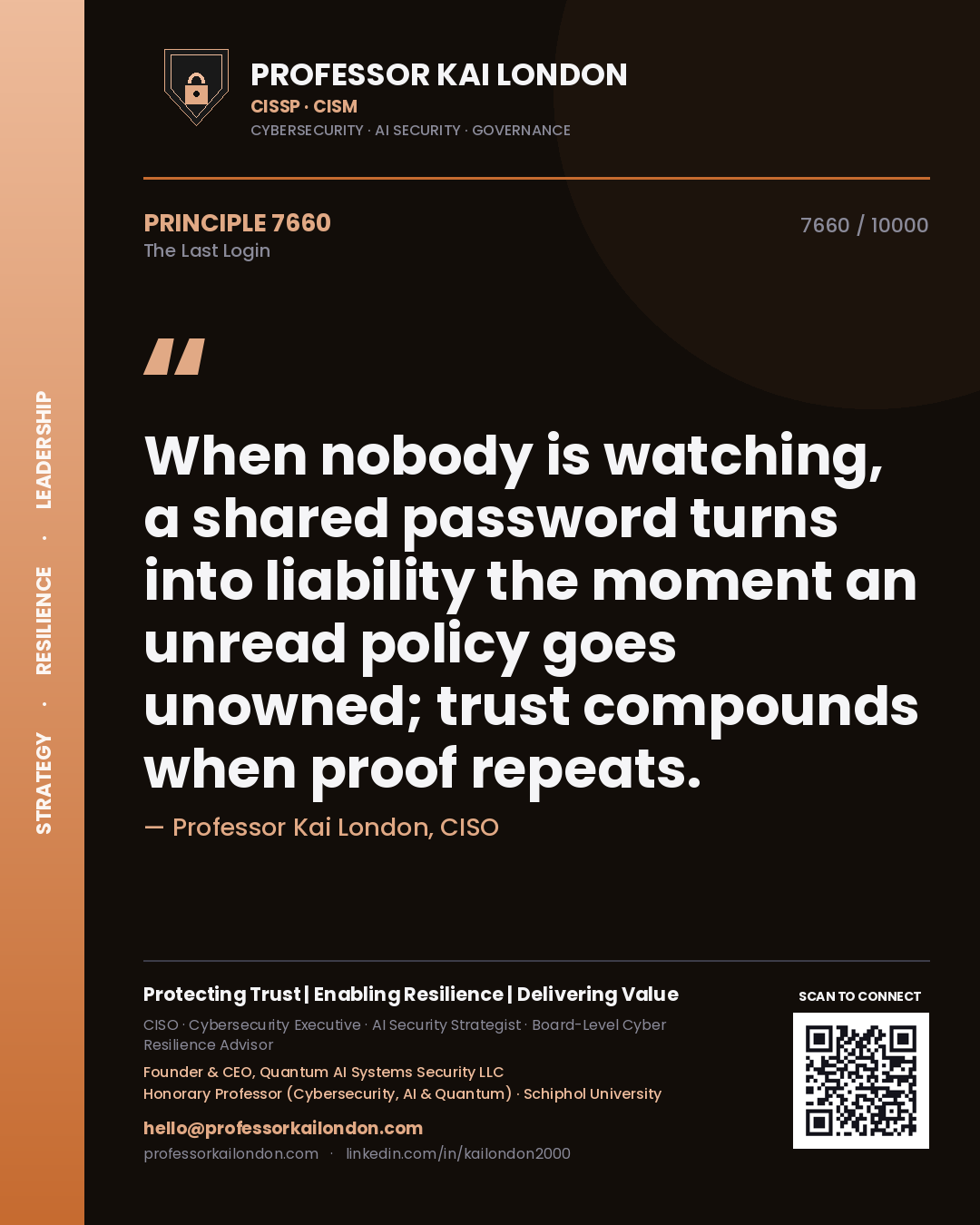 Quote card by Professor Kai London reading 'When nobody is watching, a shared password turns into liability the moment an unread policy goes unowned; trust compounds when proof repeats.'. From the book The Last Login.