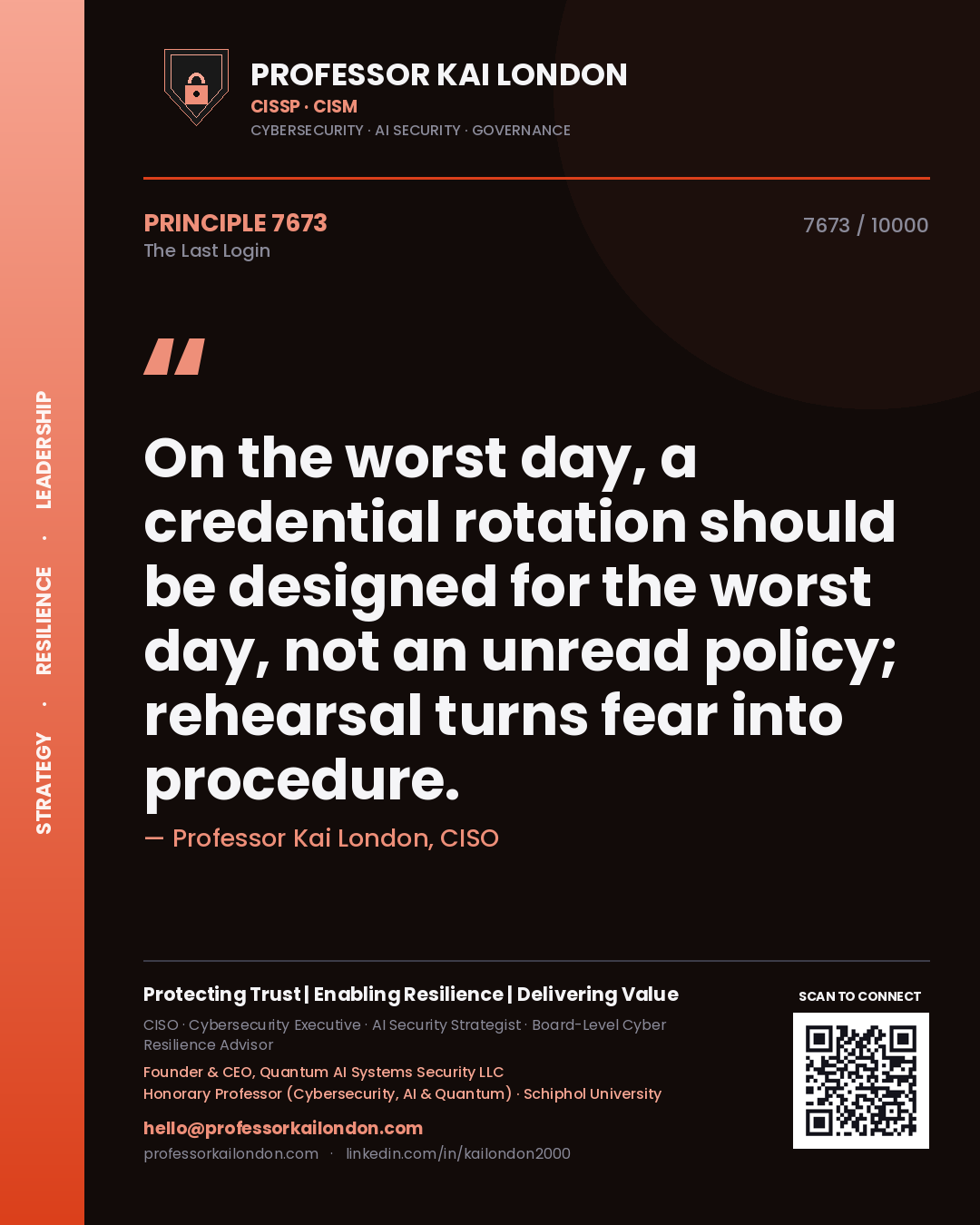 Quote card by Professor Kai London reading 'On the worst day, a credential rotation should be designed for the worst day, not an unread policy; rehearsal turns fear into procedure.'. From the book The Last Login.