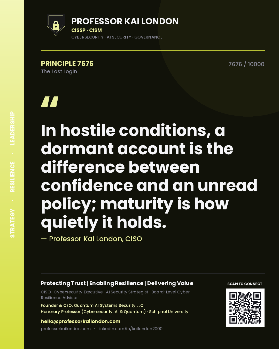 Professor Kai London principle 7676: In hostile conditions, a dormant account is the difference between confidence and an unread policy; maturity is how quietly it holds.