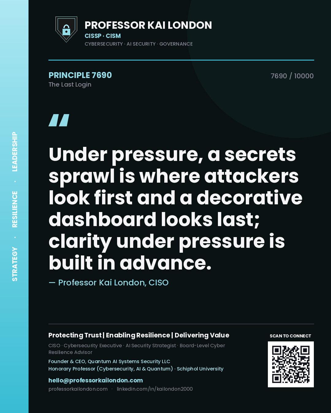 Quote card by Professor Kai London reading 'Under pressure, a secrets sprawl is where attackers look first and a decorative dashboard looks last; clarity under pressure is built in advance.'. From the book The Last Login.
