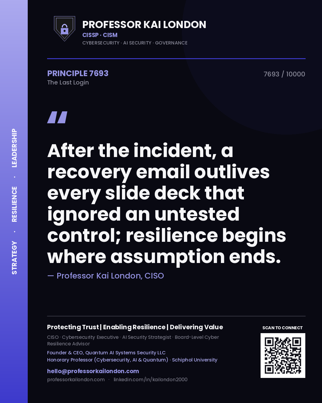 Professor Kai London principle 7693: After the incident, a recovery email outlives every slide deck that ignored an untested control; resilience begins where assumption ends.