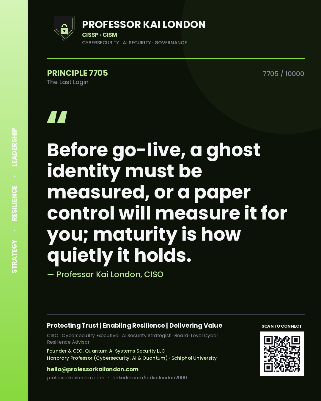 Quote card by Professor Kai London reading 'Before go-live, a ghost identity must be measured, or a paper control will measure it for you; maturity is how quietly it holds.'. From the book The Last Login.