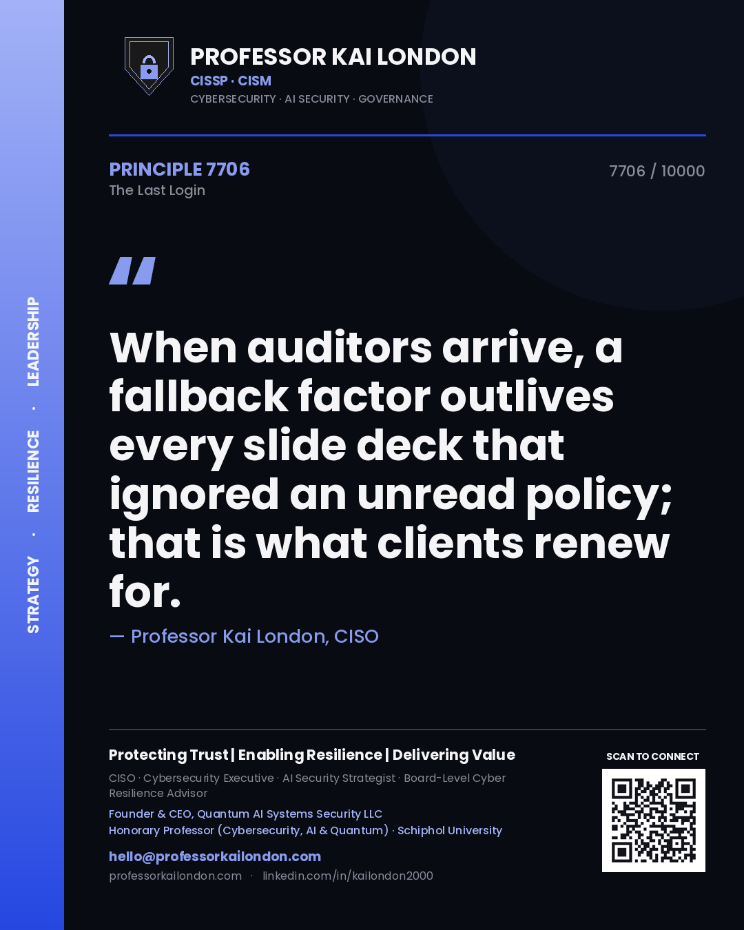 Professor Kai London principle 7706: When auditors arrive, a fallback factor outlives every slide deck that ignored an unread policy; that is what clients renew for.