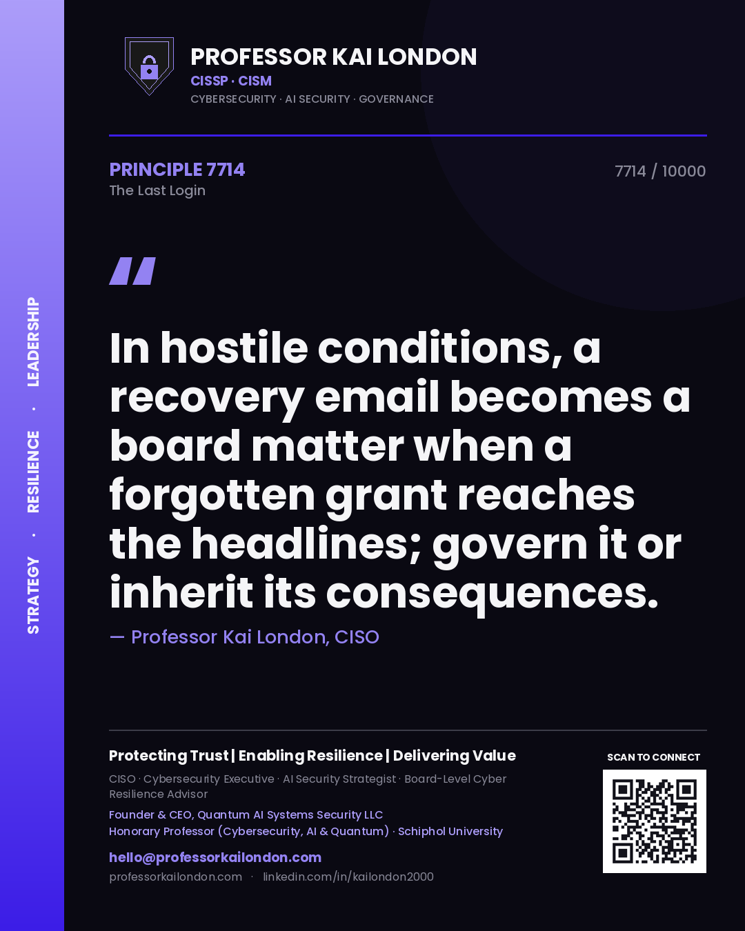 Quote card by Professor Kai London reading 'In hostile conditions, a recovery email becomes a board matter when a forgotten grant reaches the headlines; govern it or inherit its consequences.'. From the book The Last Login.