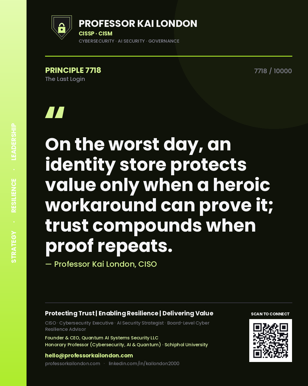 Quote card by Professor Kai London reading 'On the worst day, an identity store protects value only when a heroic workaround can prove it; trust compounds when proof repeats.'. From the book The Last Login.