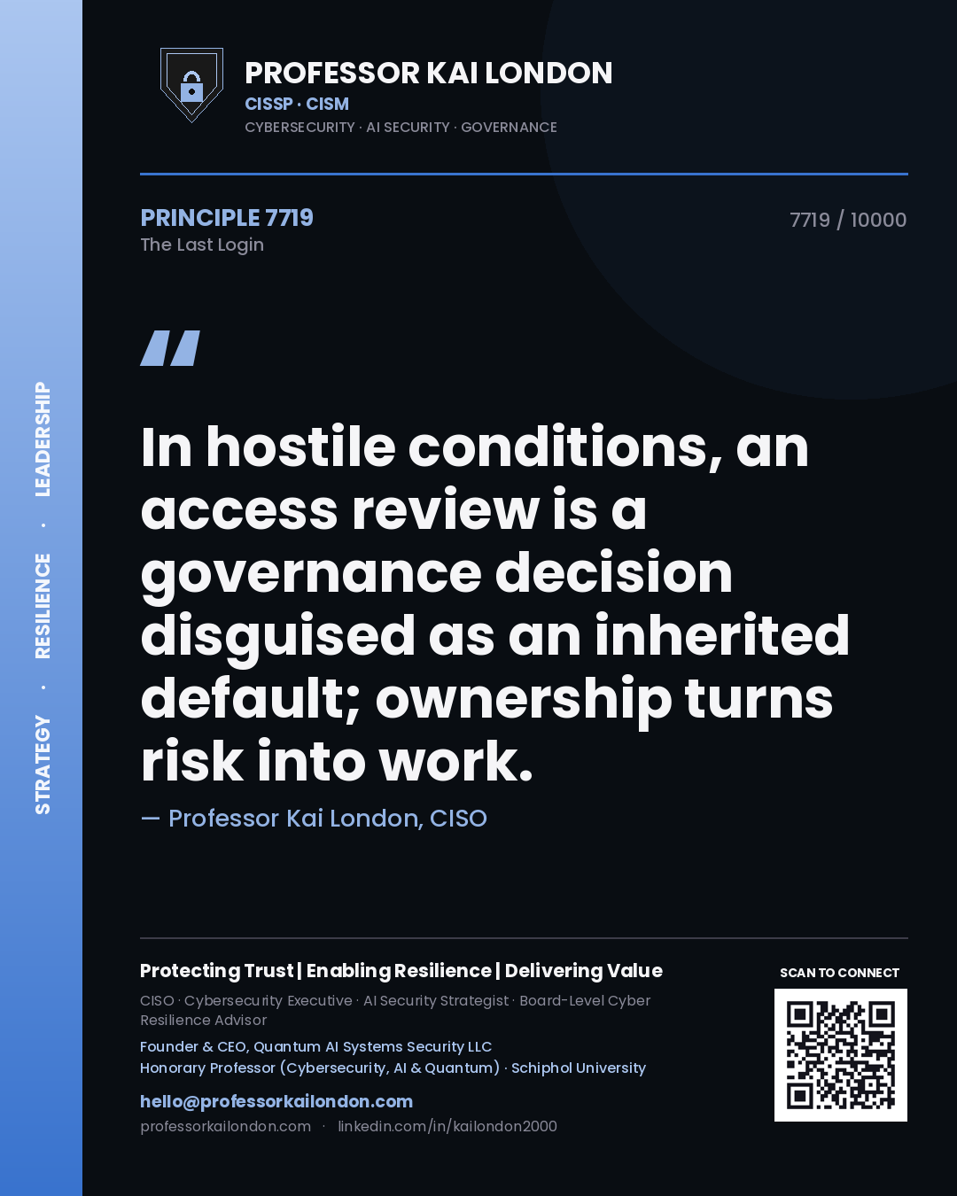 Quote card by Professor Kai London reading 'In hostile conditions, an access review is a governance decision disguised as an inherited default; ownership turns risk into work.'. From the book The Last Login.