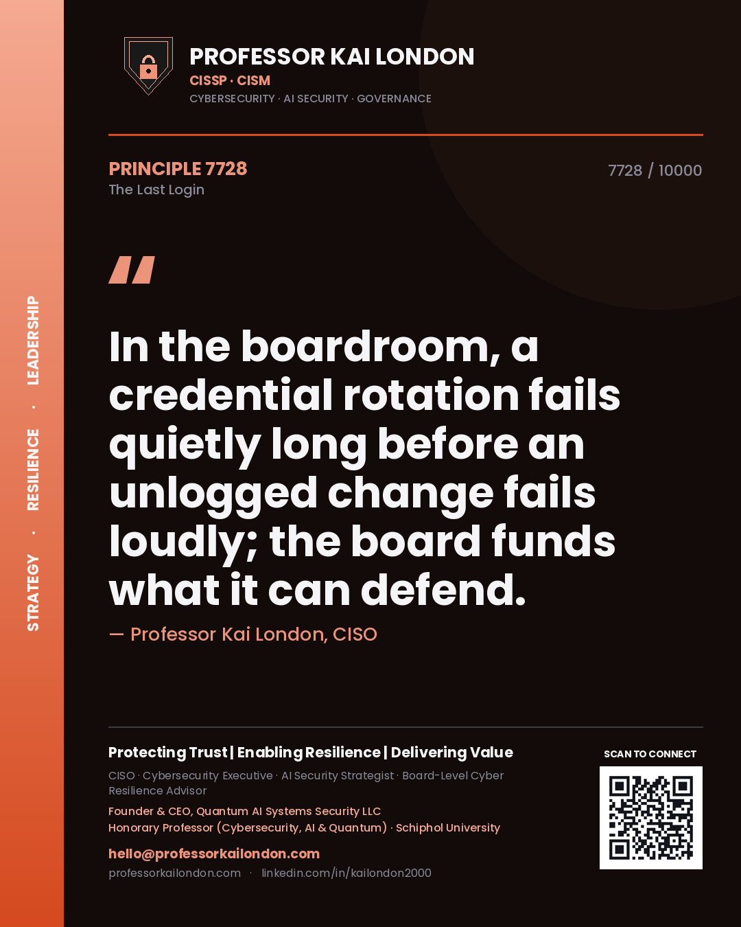 Quote card by Professor Kai London reading 'In the boardroom, a credential rotation fails quietly long before an unlogged change fails loudly; the board funds what it can defend.'. From the book The Last Login.