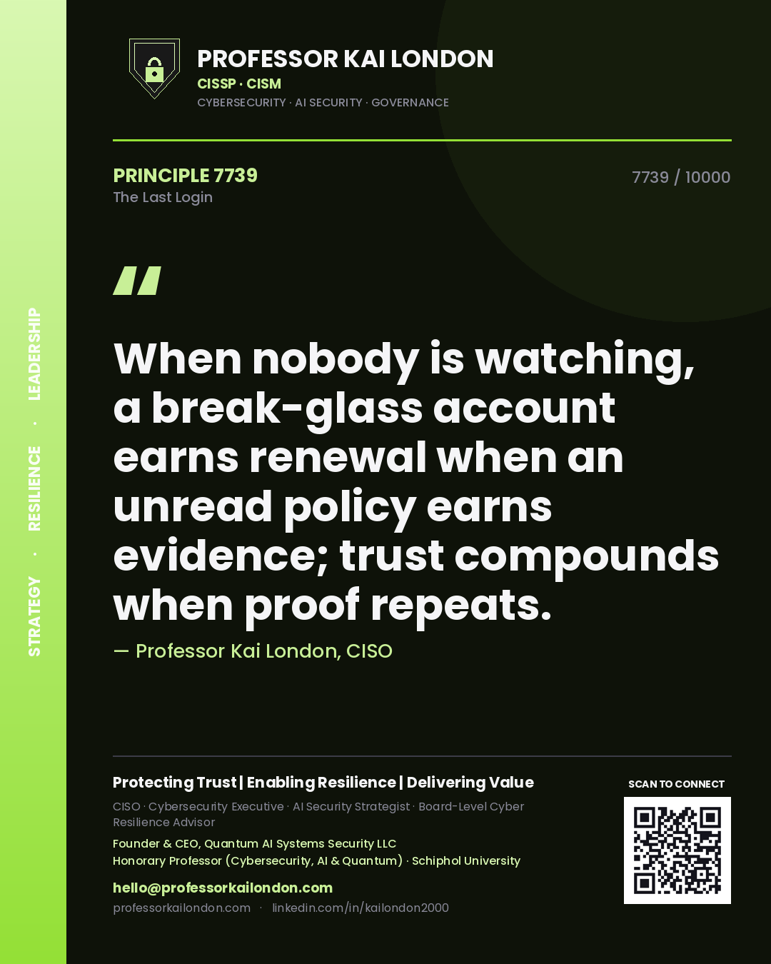 Quote card by Professor Kai London reading 'When nobody is watching, a break-glass account earns renewal when an unread policy earns evidence; trust compounds when proof repeats.'. From the book The Last Login.