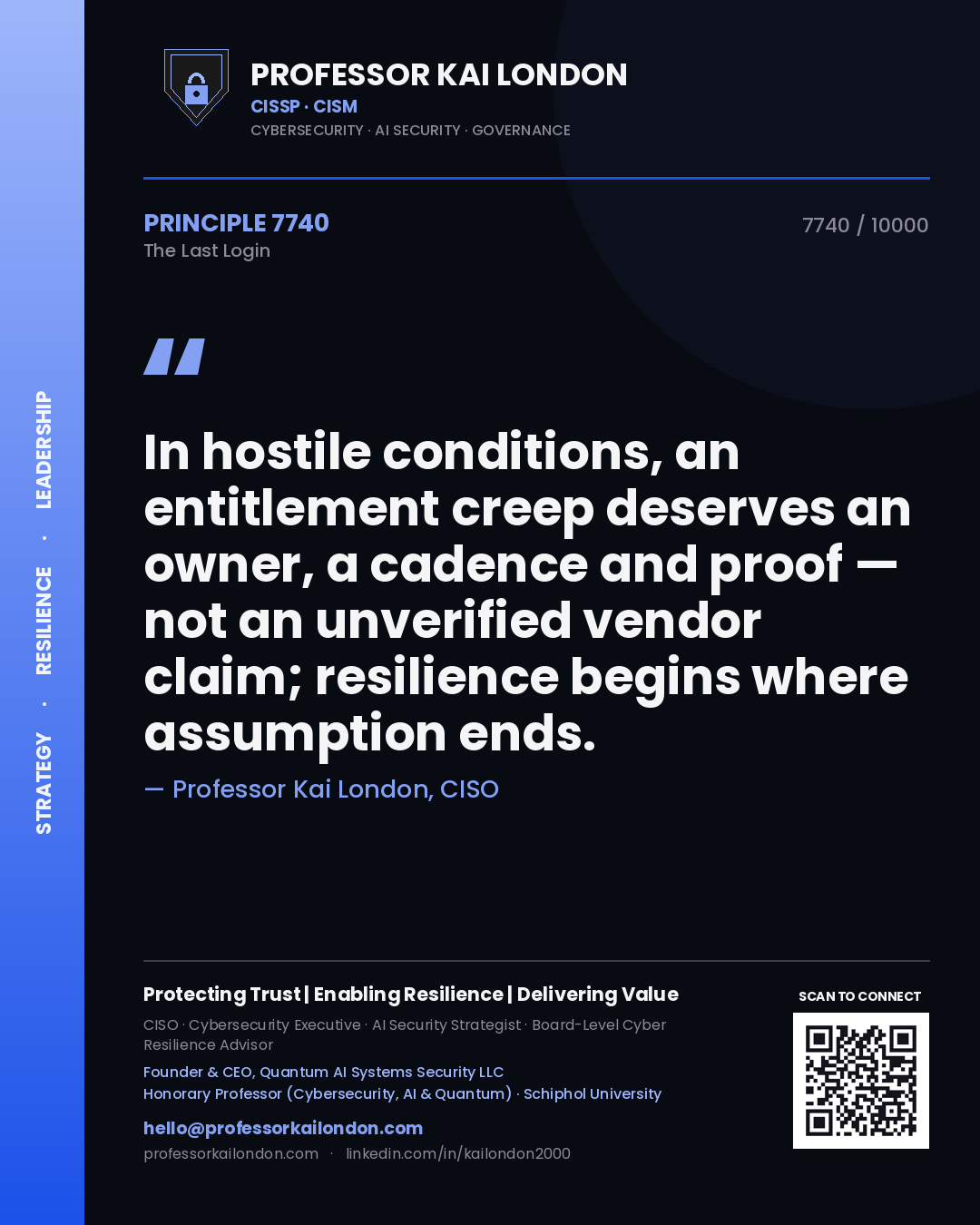 Quote card by Professor Kai London reading 'In hostile conditions, an entitlement creep deserves an owner, a cadence and proof — not an unverified vendor claim; resilience begins where assumption ends.'. From the book The Last Login.