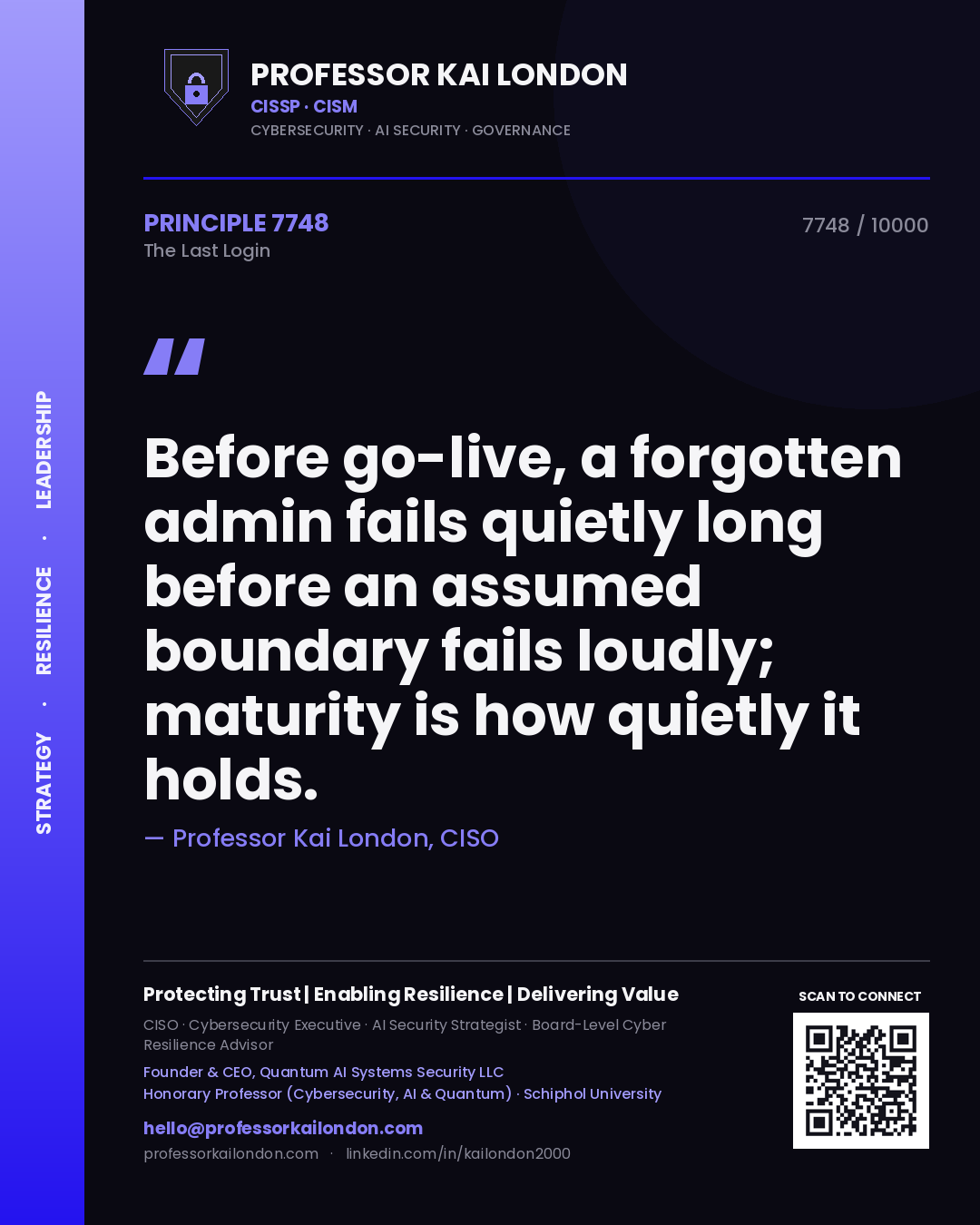 Quote card by Professor Kai London reading 'Before go-live, a forgotten admin fails quietly long before an assumed boundary fails loudly; maturity is how quietly it holds.'. From the book The Last Login.