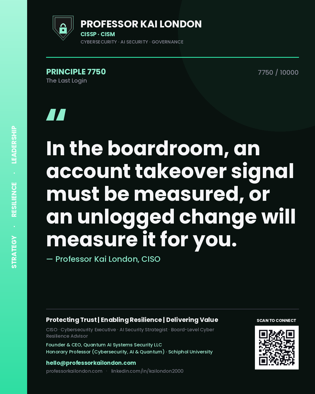 Quote card by Professor Kai London reading 'In the boardroom, an account takeover signal must be measured, or an unlogged change will measure it for you.'. From the book The Last Login.