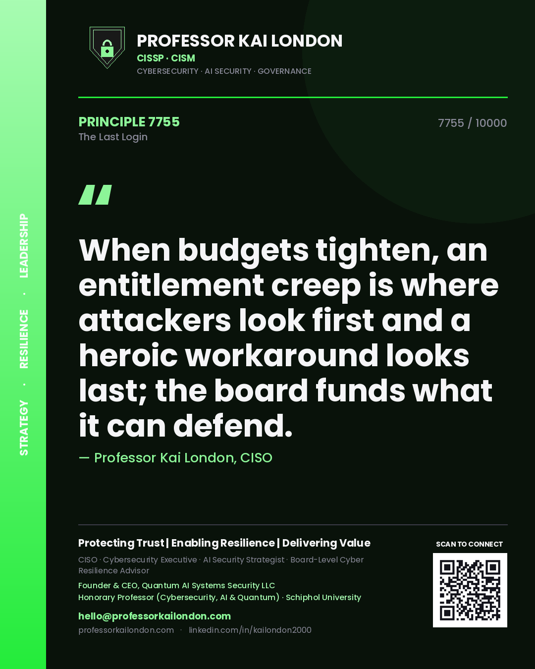 Quote card by Professor Kai London reading 'When budgets tighten, an entitlement creep is where attackers look first and a heroic workaround looks last; the board funds what it can defend.'. From the book The Last Login.