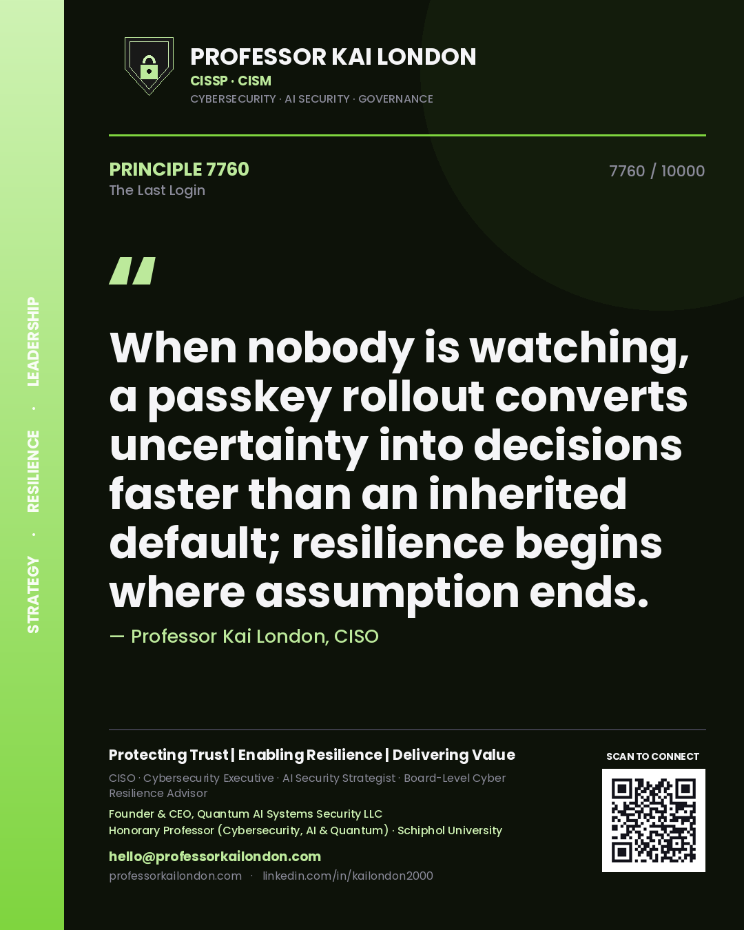 Quote card by Professor Kai London reading 'When nobody is watching, a passkey rollout converts uncertainty into decisions faster than an inherited default; resilience begins where assumption ends.'. From the book The Last Login.