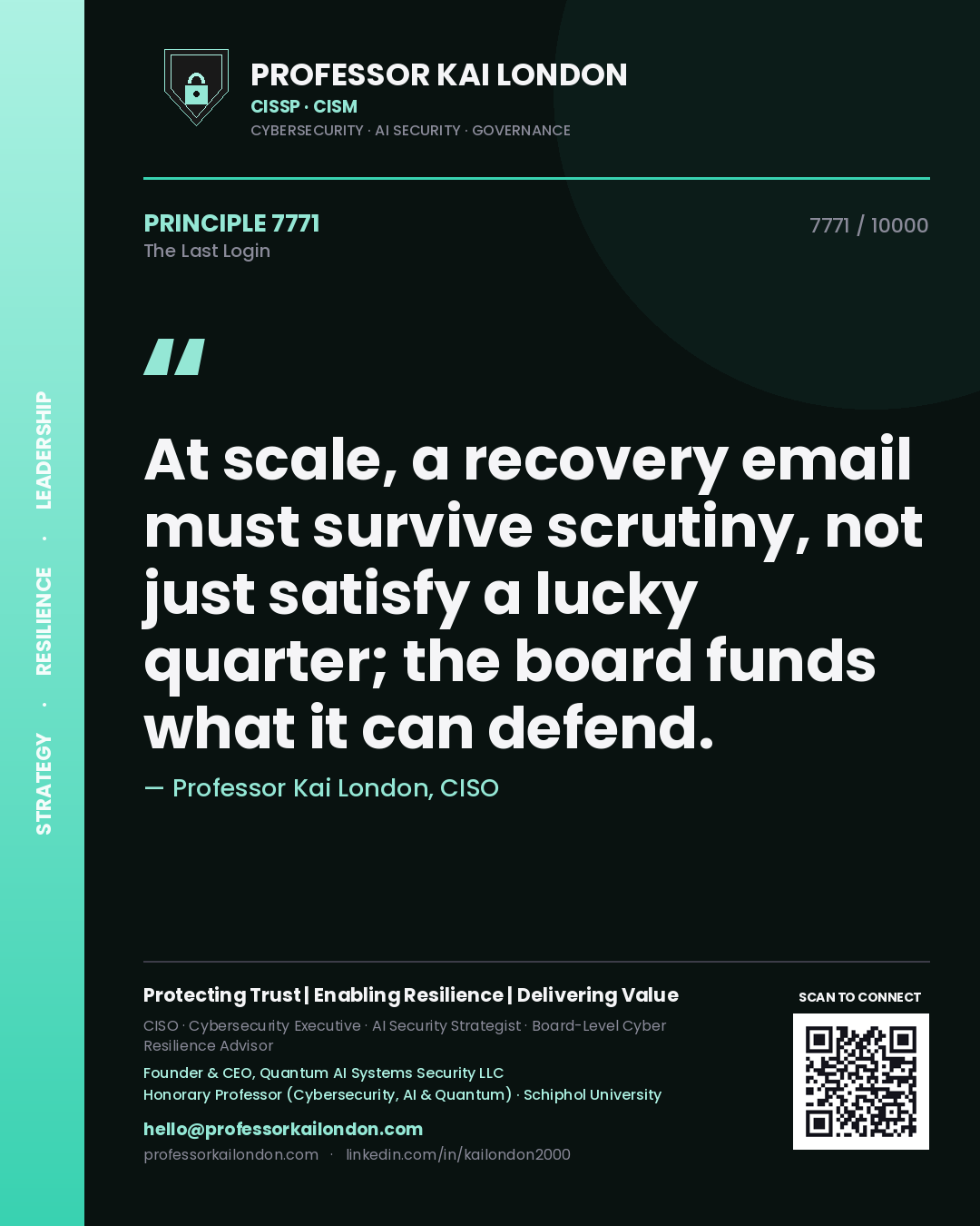 Quote card by Professor Kai London reading 'At scale, a recovery email must survive scrutiny, not just satisfy a lucky quarter; the board funds what it can defend.'. From the book The Last Login.