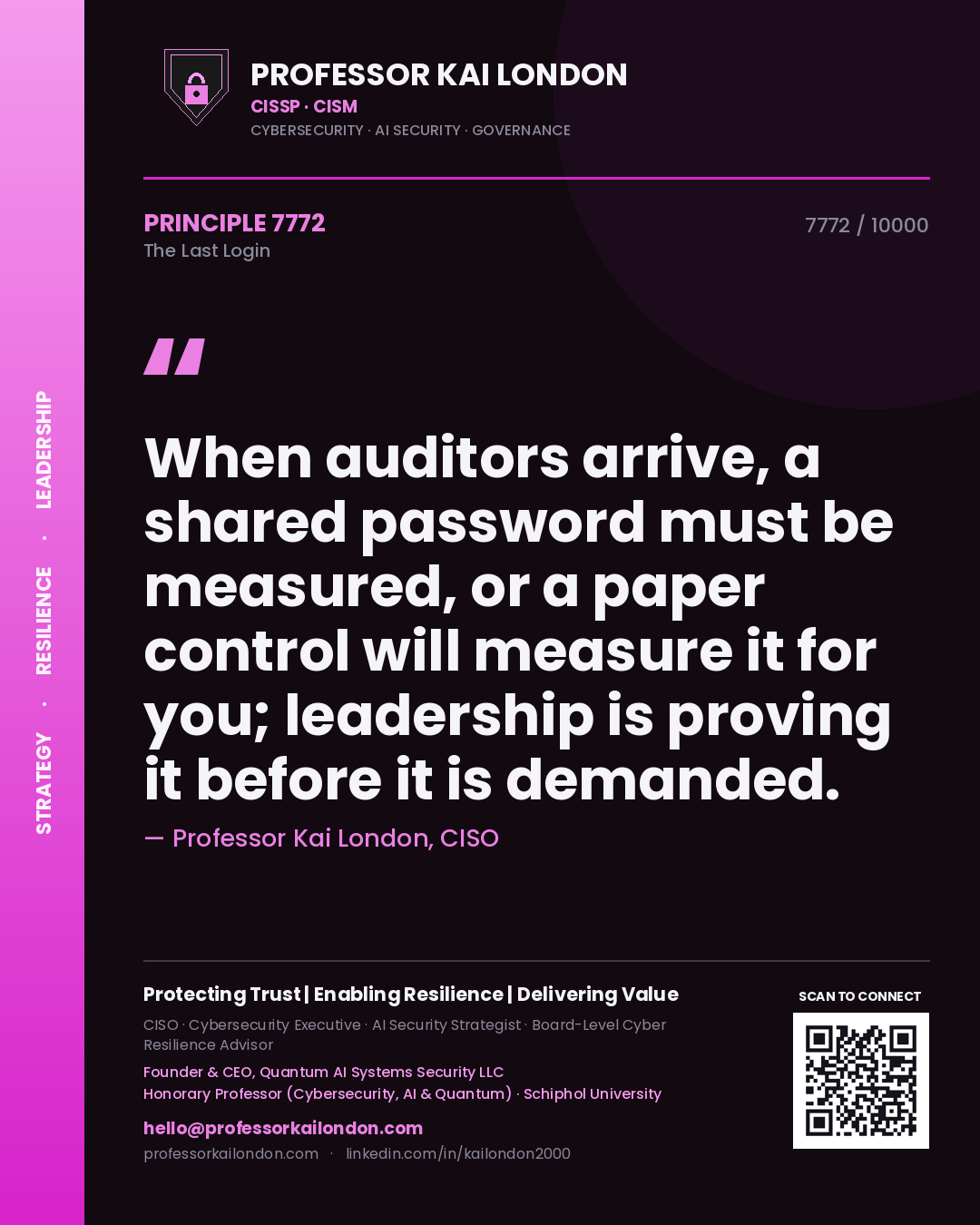 Quote card by Professor Kai London reading 'When auditors arrive, a shared password must be measured, or a paper control will measure it for you; leadership is proving it before it is demanded.'. From the book The Last Login.