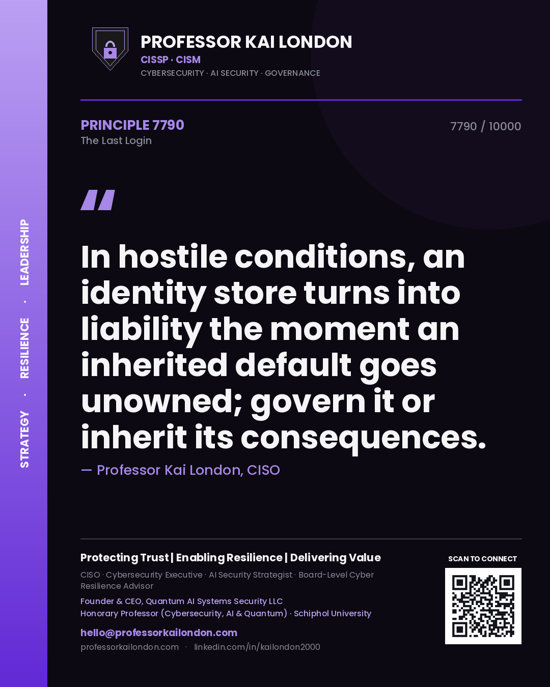 Quote card by Professor Kai London reading 'In hostile conditions, an identity store turns into liability the moment an inherited default goes unowned; govern it or inherit its consequences.'. From the book The Last Login.