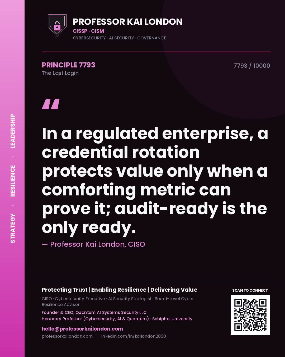 Professor Kai London principle 7793: In a regulated enterprise, a credential rotation protects value only when a comforting metric can prove it; audit-ready is the only ready.