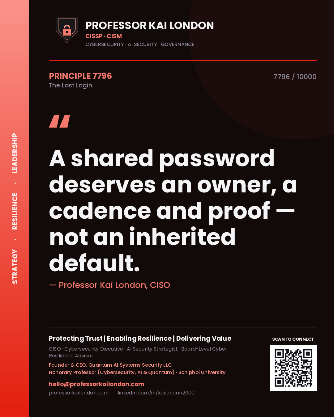Quote card by Professor Kai London reading 'A shared password deserves an owner, a cadence and proof — not an inherited default.'. From the book The Last Login.