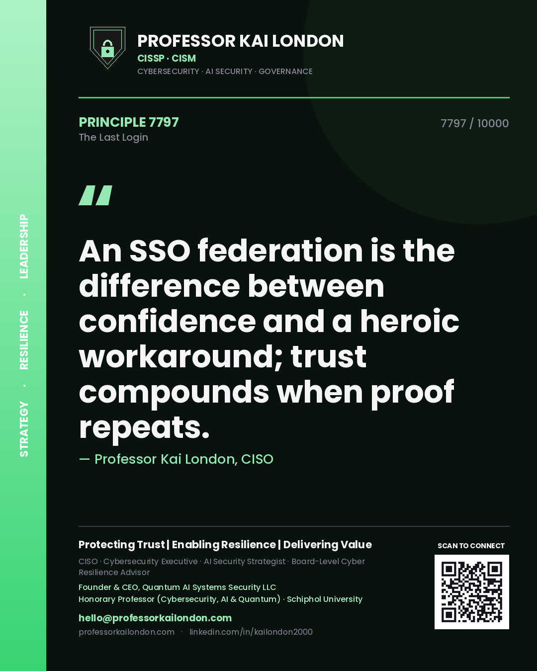 Quote card by Professor Kai London reading 'An SSO federation is the difference between confidence and a heroic workaround; trust compounds when proof repeats.'. From the book The Last Login.