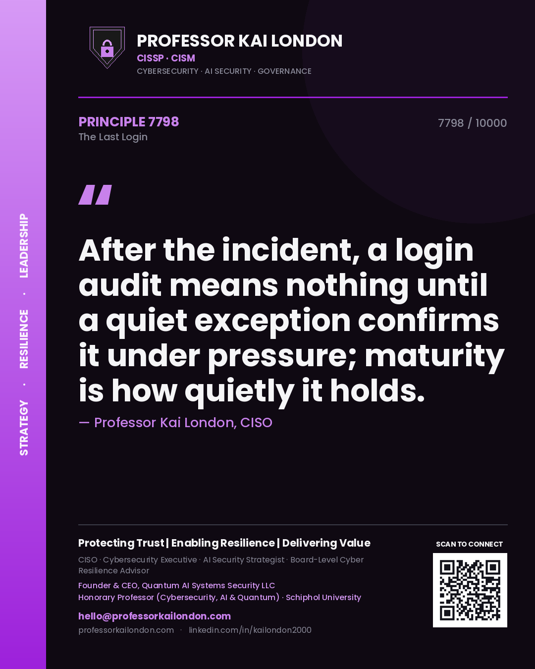 Professor Kai London principle 7798: After the incident, a login audit means nothing until a quiet exception confirms it under pressure; maturity is how quietly it holds.