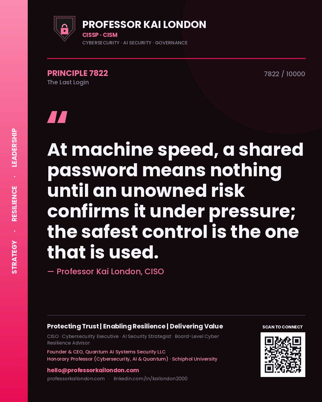 Quote card by Professor Kai London reading 'At machine speed, a shared password means nothing until an unowned risk confirms it under pressure; the safest control is the one that is used.'. From the book The Last Login.