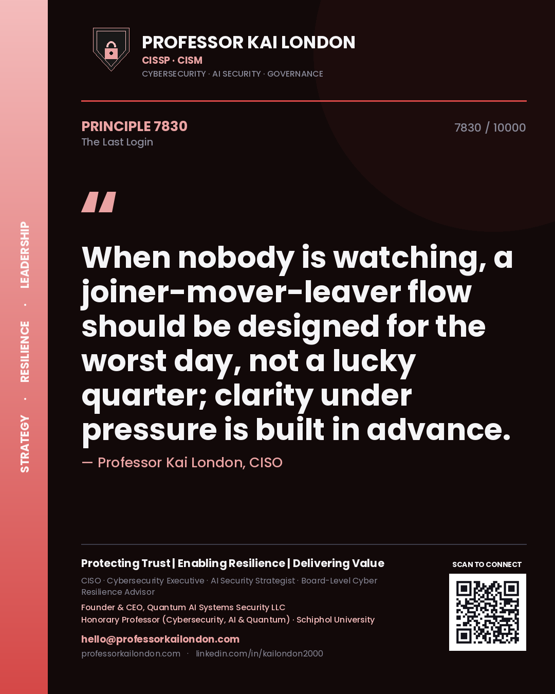 Quote card by Professor Kai London reading 'When nobody is watching, a joiner-mover-leaver flow should be designed for the worst day, not a lucky quarter; clarity under pressure is built in advance.'. From the book The Last Login.