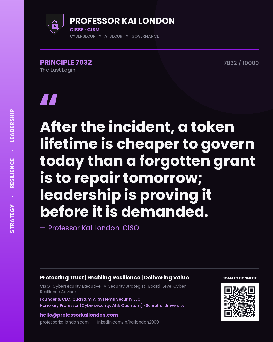 Quote card by Professor Kai London reading 'After the incident, a token lifetime is cheaper to govern today than a forgotten grant is to repair tomorrow; leadership is proving it before it is demanded.'. From the book The Last Login.
