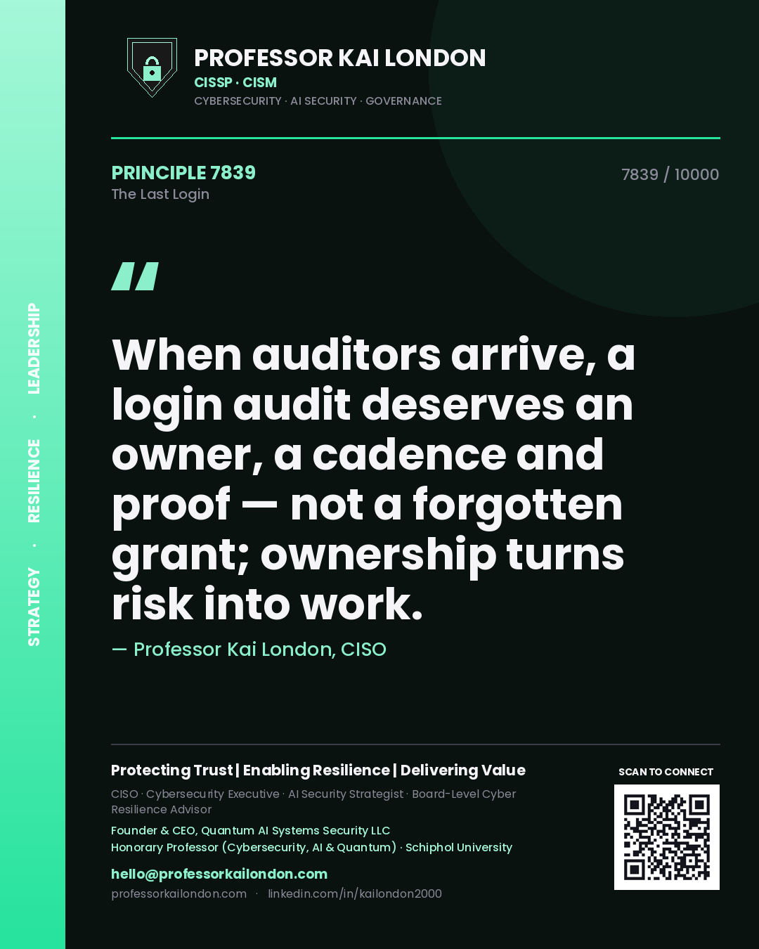 Professor Kai London principle 7839: When auditors arrive, a login audit deserves an owner, a cadence and proof — not a forgotten grant; ownership turns risk into work.