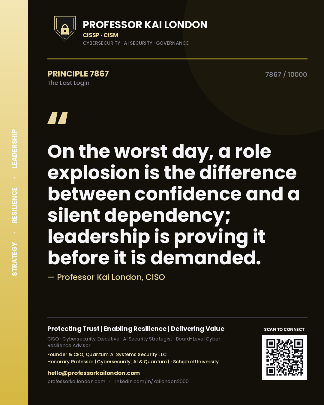 Quote card by Professor Kai London reading 'On the worst day, a role explosion is the difference between confidence and a silent dependency; leadership is proving it before it is demanded.'. From the book The Last Login.