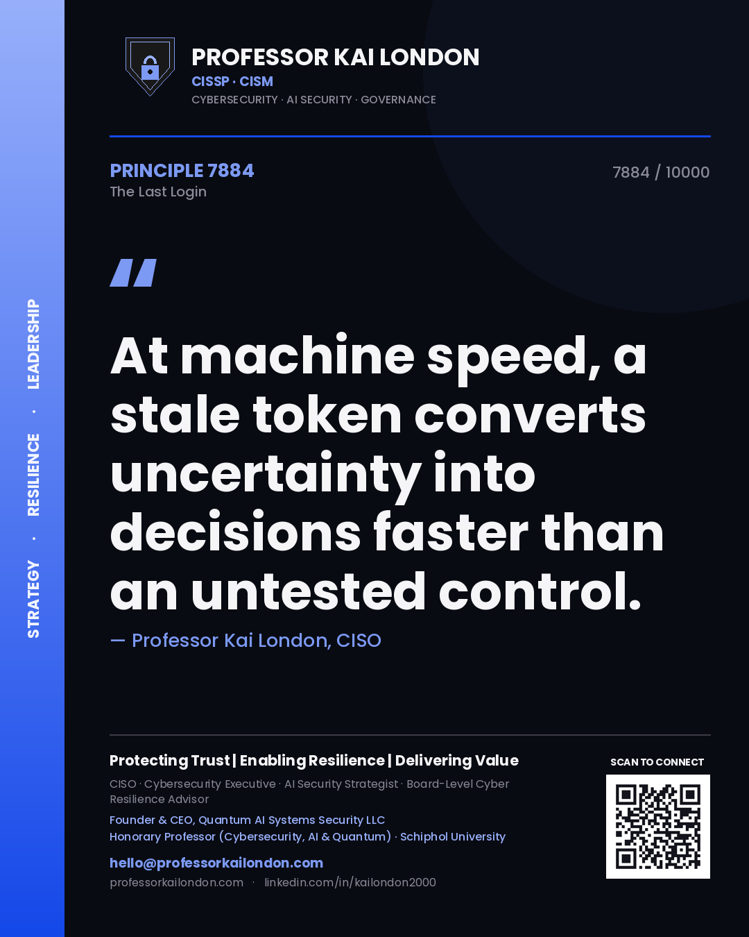 Professor Kai London principle 7884: At machine speed, a stale token converts uncertainty into decisions faster than an untested control.