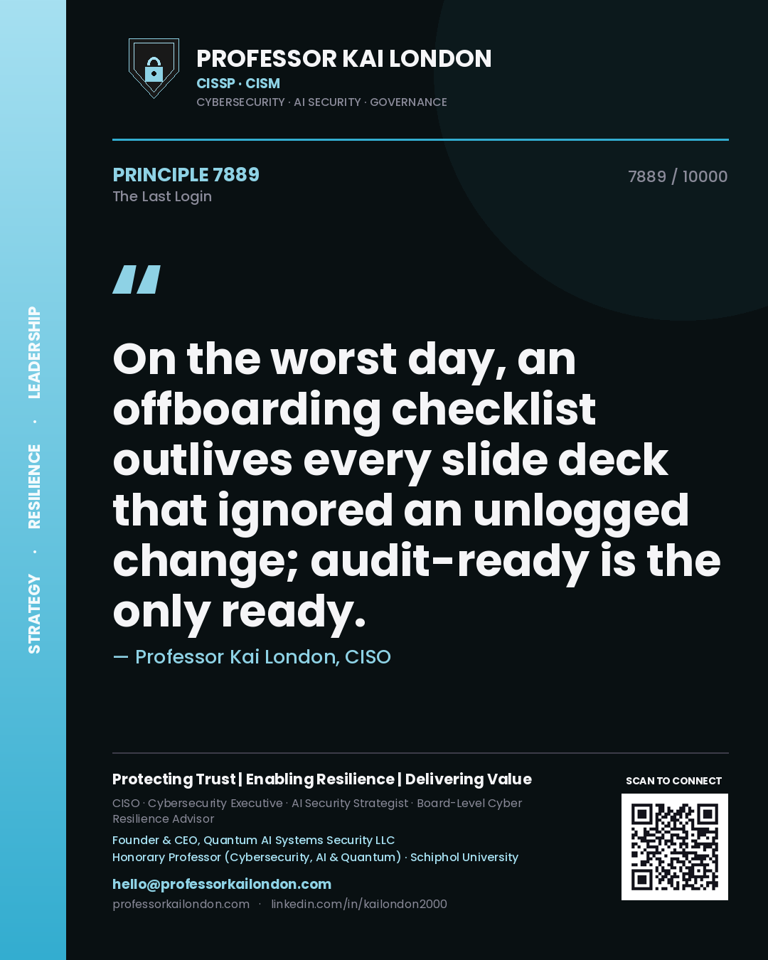 Professor Kai London principle 7889: On the worst day, an offboarding checklist outlives every slide deck that ignored an unlogged change; audit-ready is the only ready.