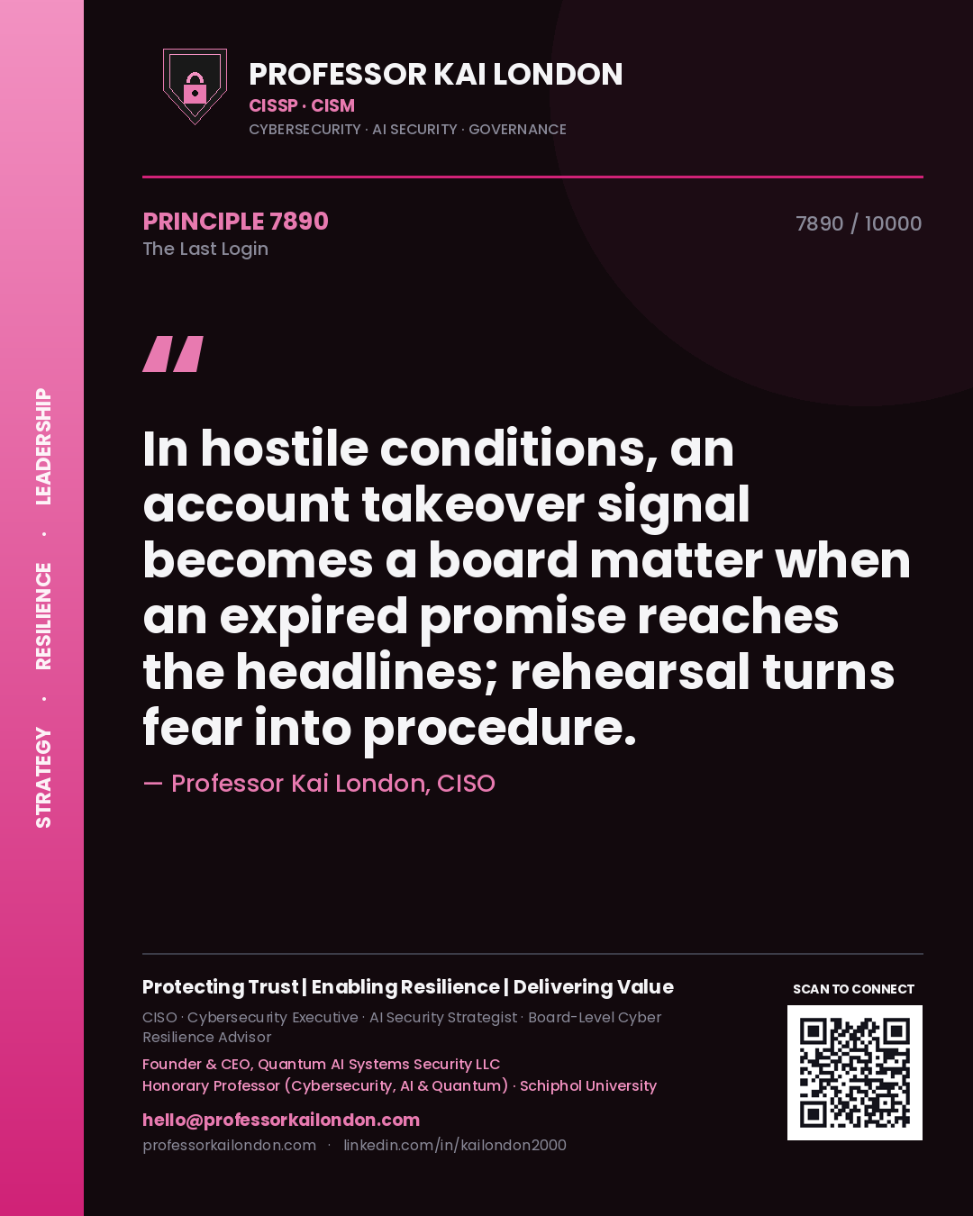 Quote card by Professor Kai London reading 'In hostile conditions, an account takeover signal becomes a board matter when an expired promise reaches the headlines; rehearsal turns fear into procedure.'. From the book The Last Login.