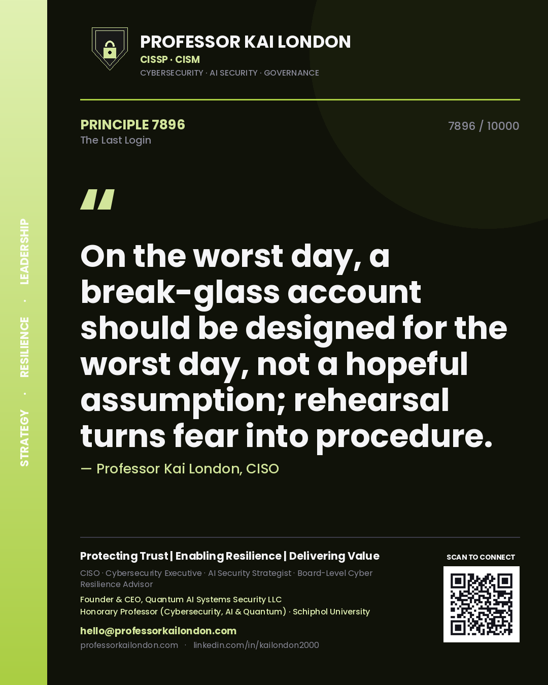 Quote card by Professor Kai London reading 'On the worst day, a break-glass account should be designed for the worst day, not a hopeful assumption; rehearsal turns fear into procedure.'. From the book The Last Login.