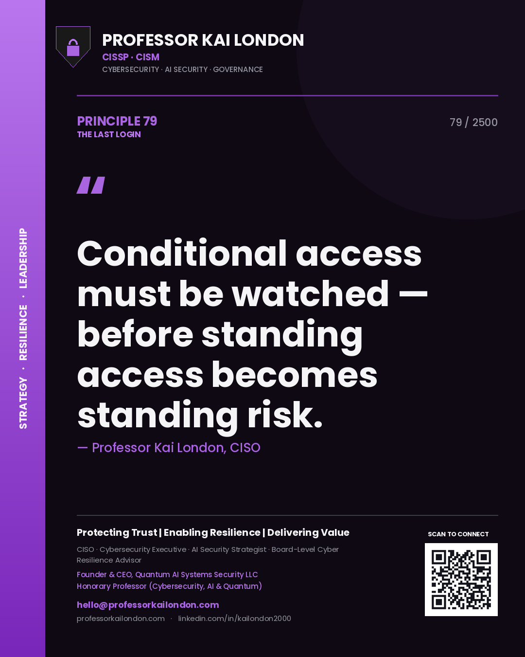 Quote card by Professor Kai London reading 'Conditional access must be watched — before standing access becomes standing risk.'. From the book The Last Login.
