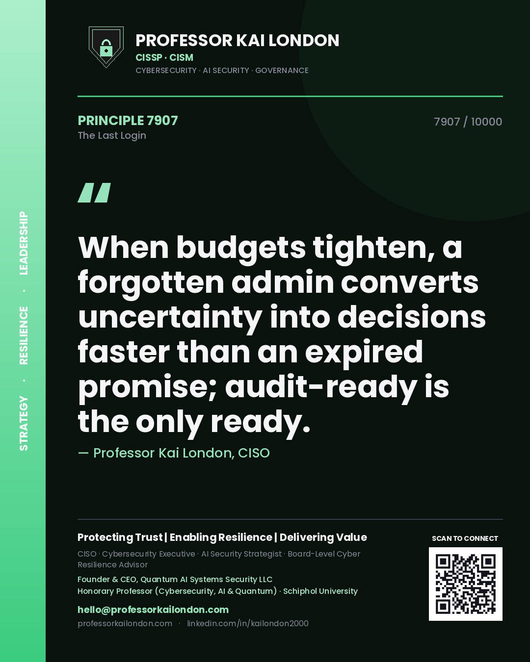 Quote card by Professor Kai London reading 'When budgets tighten, a forgotten admin converts uncertainty into decisions faster than an expired promise; audit-ready is the only ready.'. From the book The Last Login.