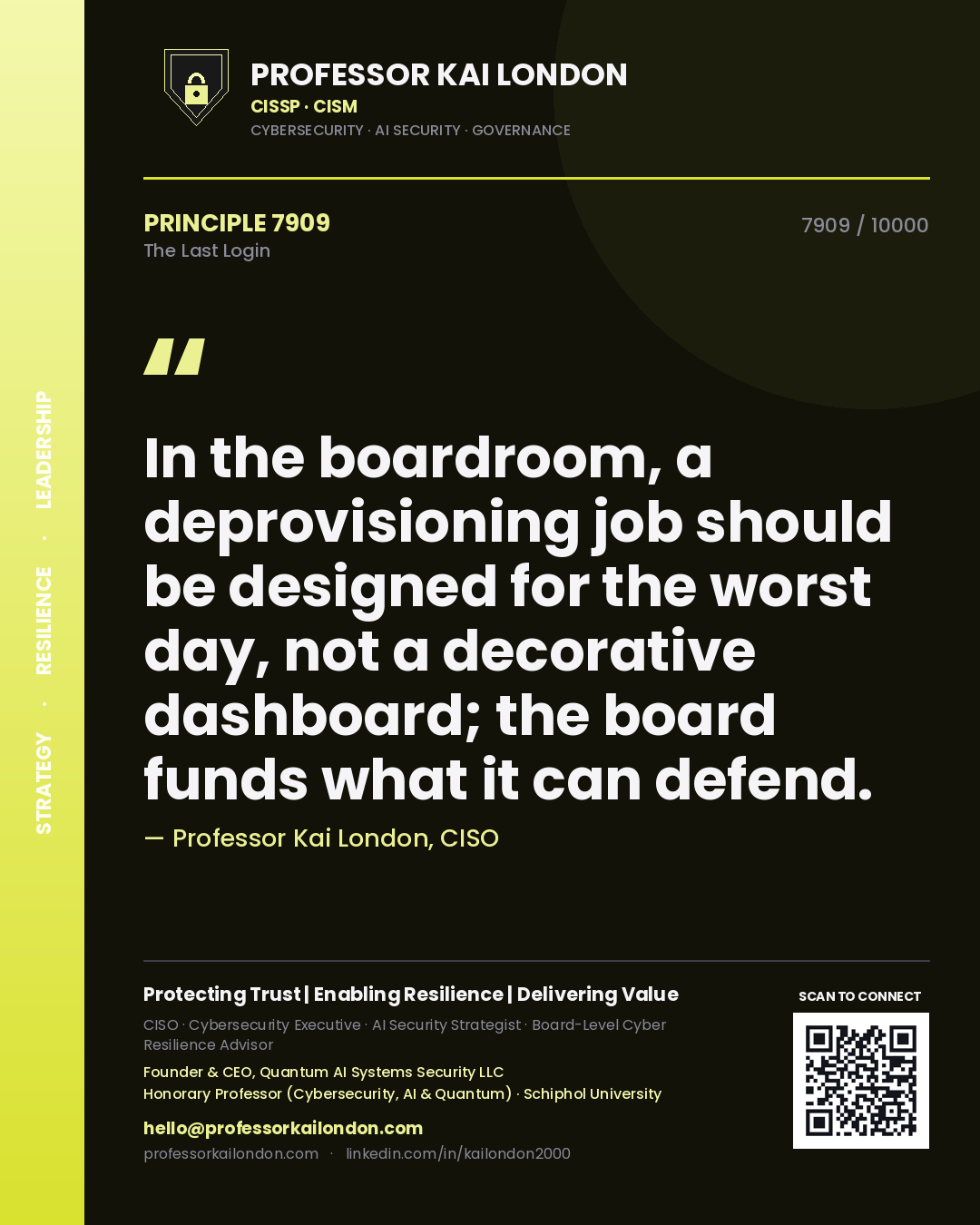 Professor Kai London principle 7909: In the boardroom, a deprovisioning job should be designed for the worst day, not a decorative dashboard; the board funds what it can defend.