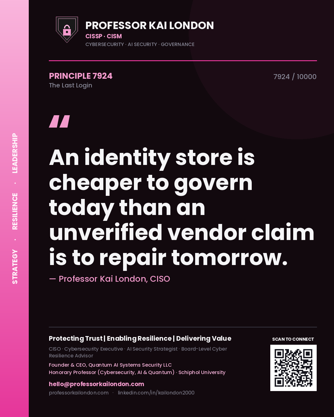 Quote card by Professor Kai London reading 'An identity store is cheaper to govern today than an unverified vendor claim is to repair tomorrow.'. From the book The Last Login.