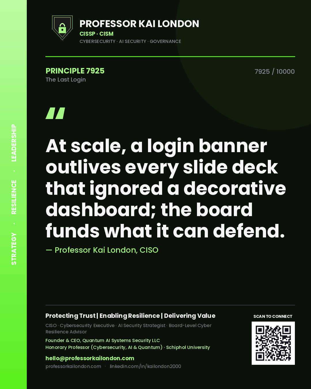 Quote card by Professor Kai London reading 'At scale, a login banner outlives every slide deck that ignored a decorative dashboard; the board funds what it can defend.'. From the book The Last Login.
