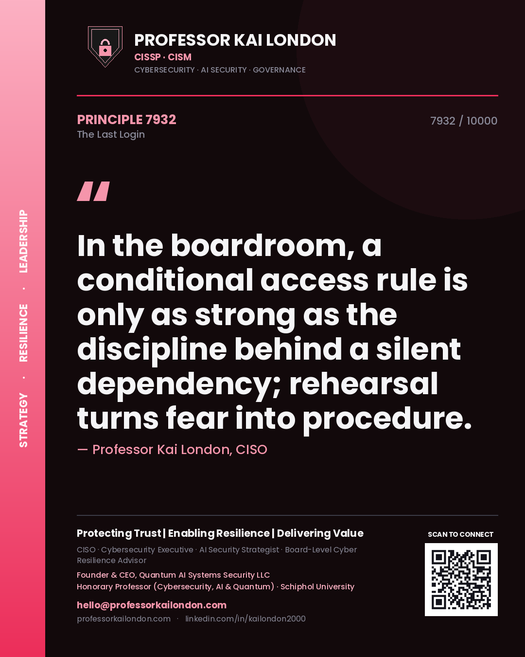 Professor Kai London principle 7932: In the boardroom, a conditional access rule is only as strong as the discipline behind a silent dependency; rehearsal turns fear into procedure.