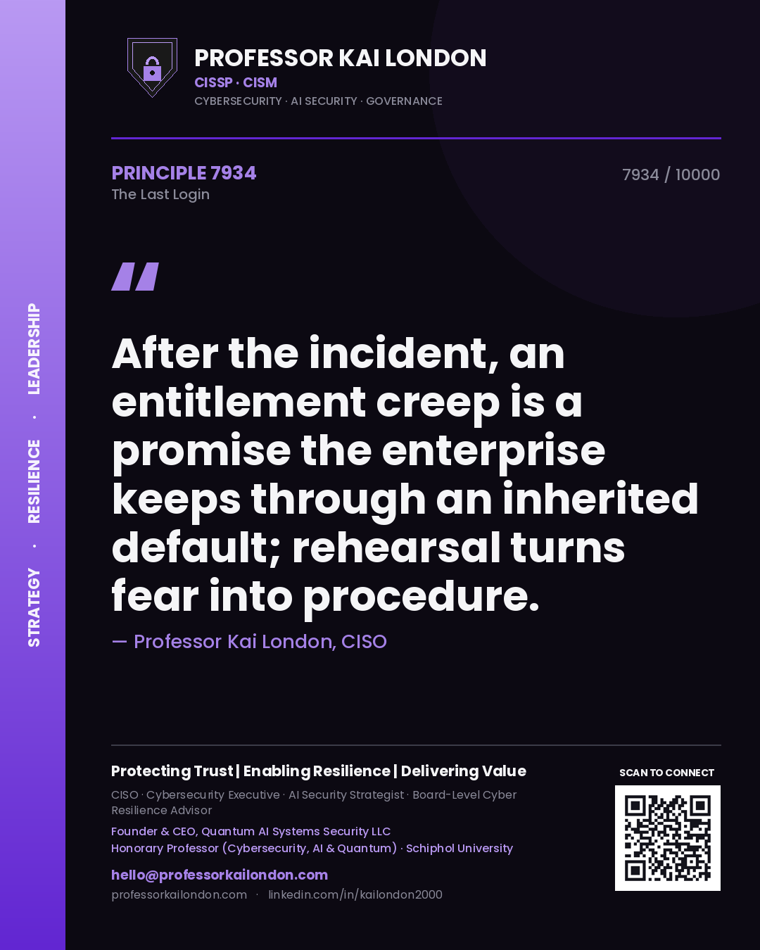 Quote card by Professor Kai London reading 'After the incident, an entitlement creep is a promise the enterprise keeps through an inherited default; rehearsal turns fear into procedure.'. From the book The Last Login.