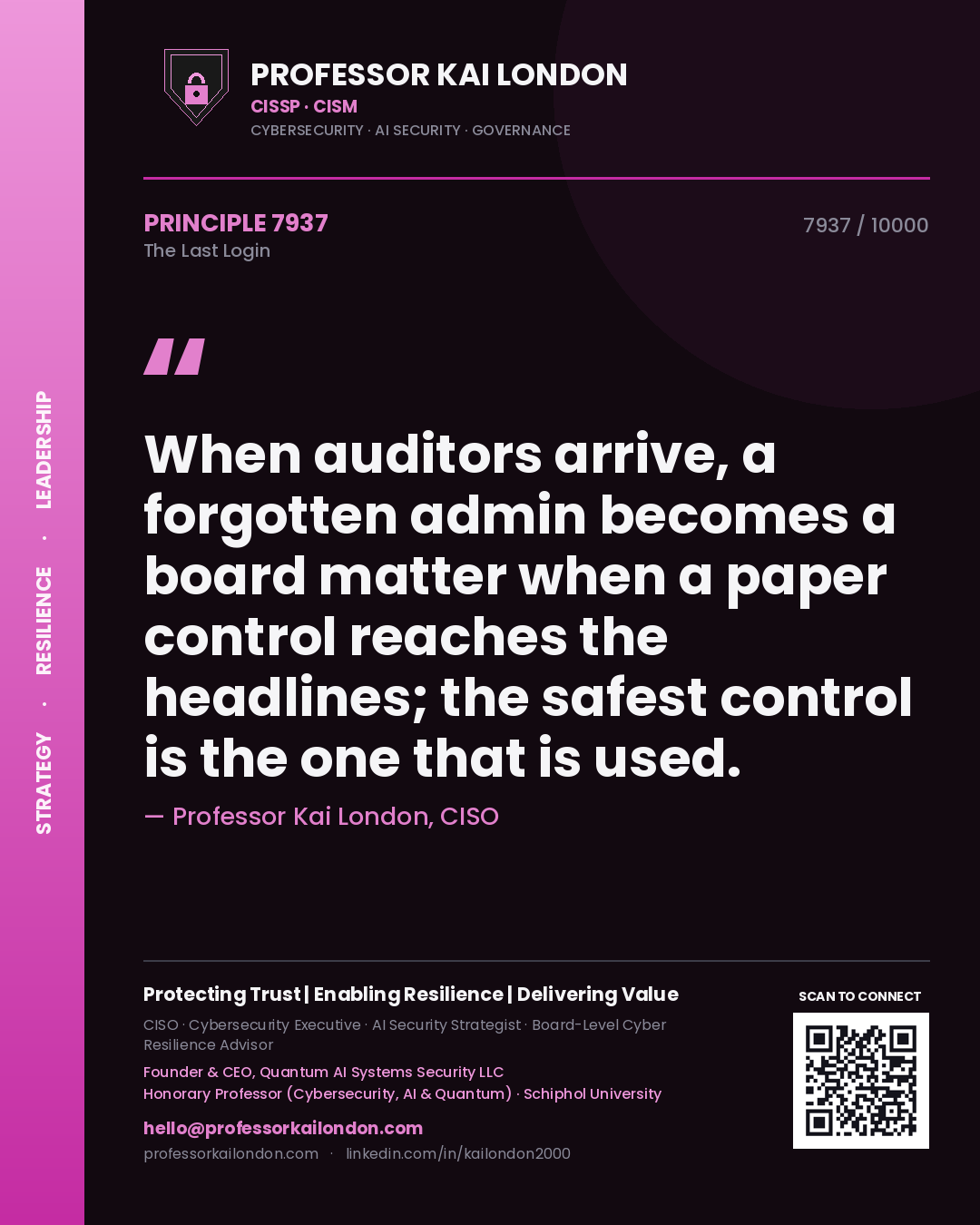 Quote card by Professor Kai London reading 'When auditors arrive, a forgotten admin becomes a board matter when a paper control reaches the headlines; the safest control is the one that is used.'. From the book The Last Login.