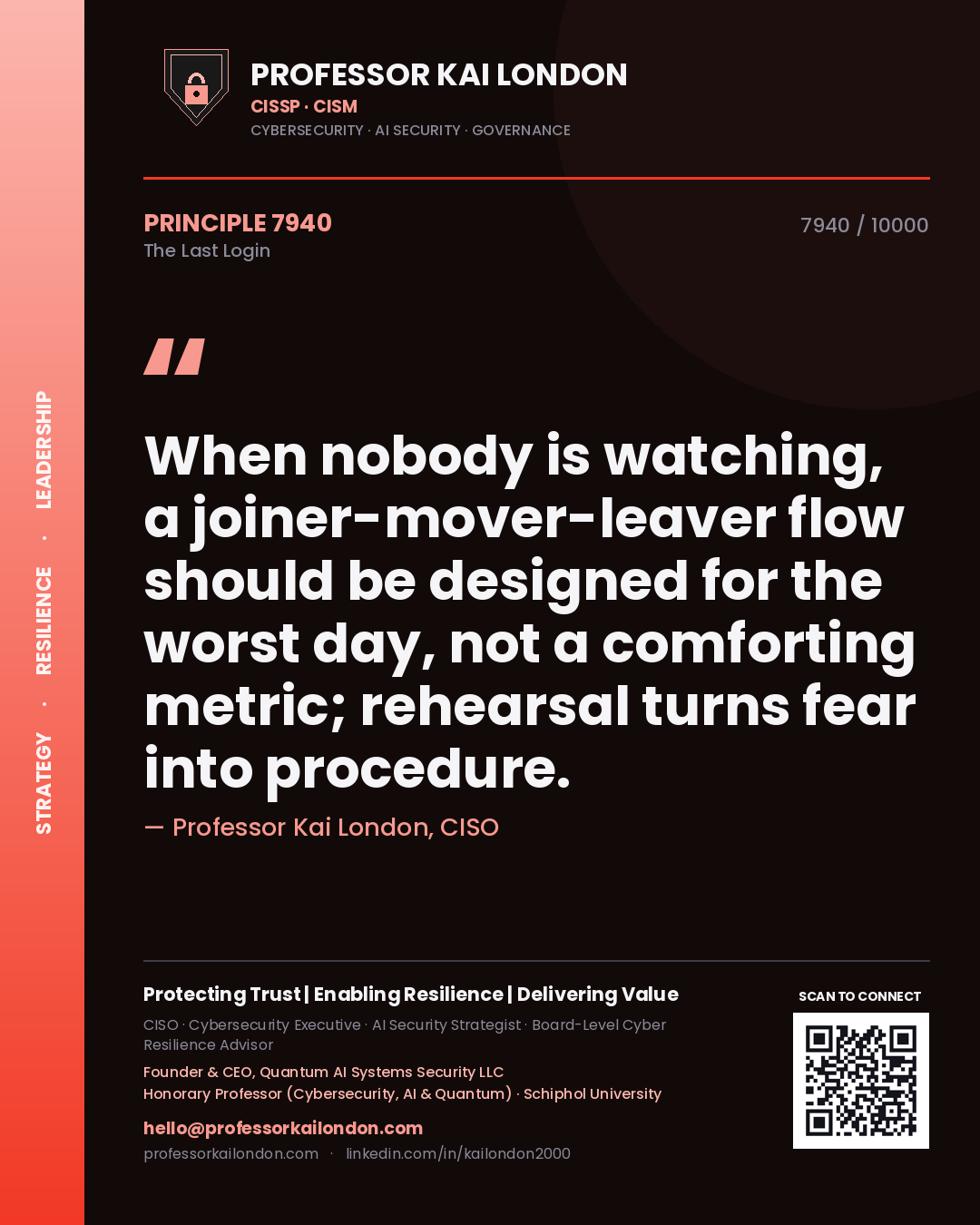Quote card by Professor Kai London reading 'When nobody is watching, a joiner-mover-leaver flow should be designed for the worst day, not a comforting metric; rehearsal turns fear into procedure.'. From the book The Last Login.