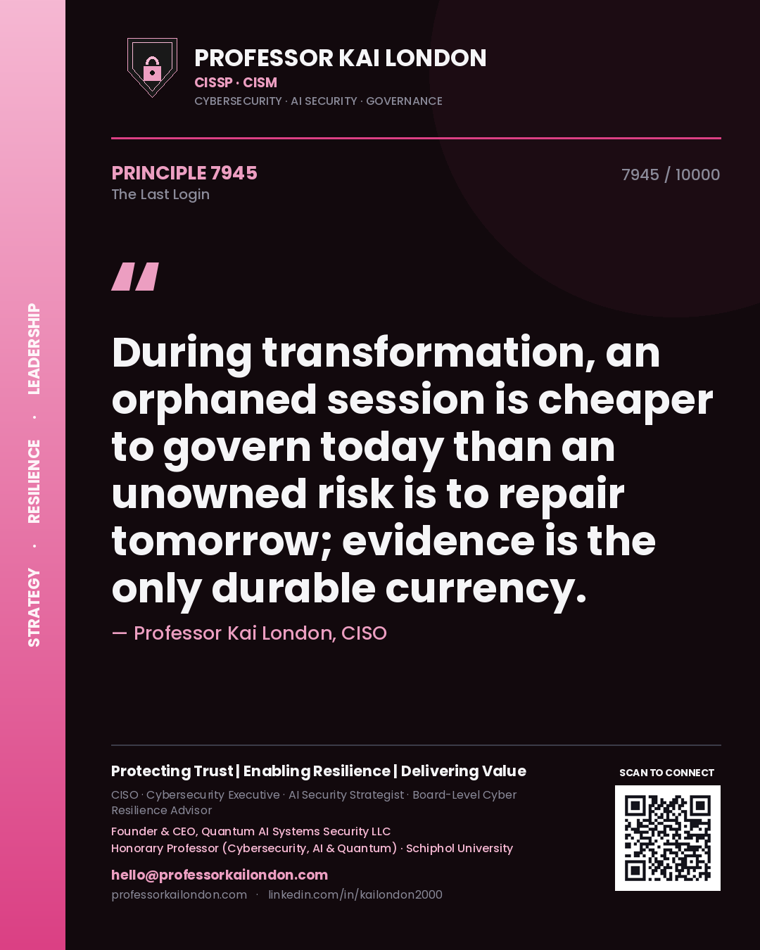 Professor Kai London principle 7945: During transformation, an orphaned session is cheaper to govern today than an unowned risk is to repair tomorrow; evidence is the only durable currency.