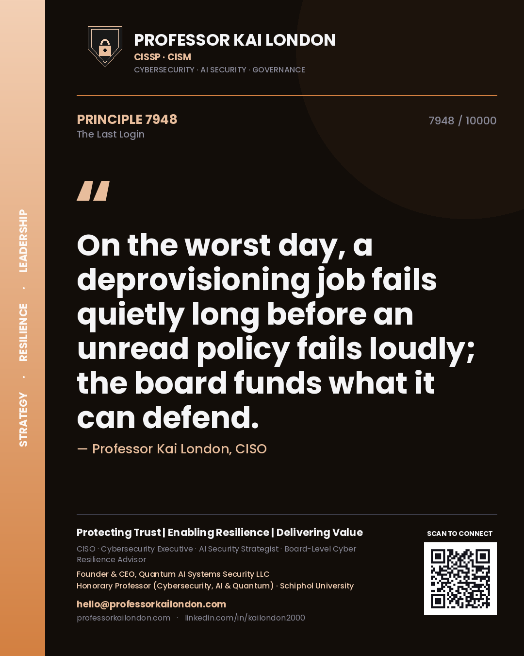 Professor Kai London principle 7948: On the worst day, a deprovisioning job fails quietly long before an unread policy fails loudly; the board funds what it can defend.