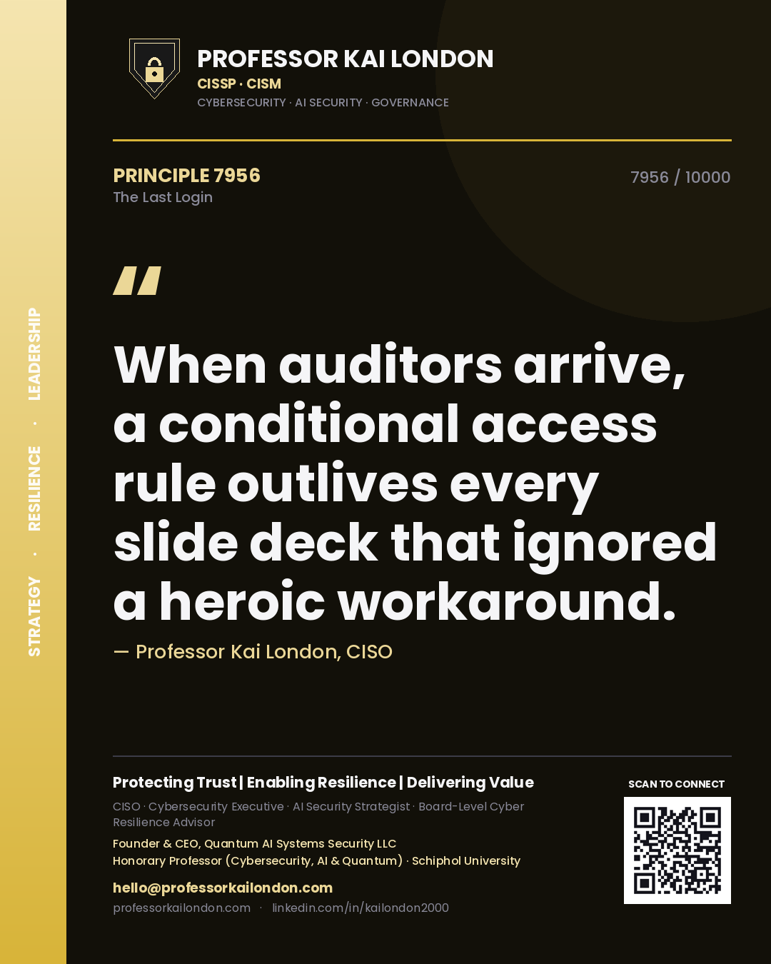 Quote card by Professor Kai London reading 'When auditors arrive, a conditional access rule outlives every slide deck that ignored a heroic workaround.'. From the book The Last Login.