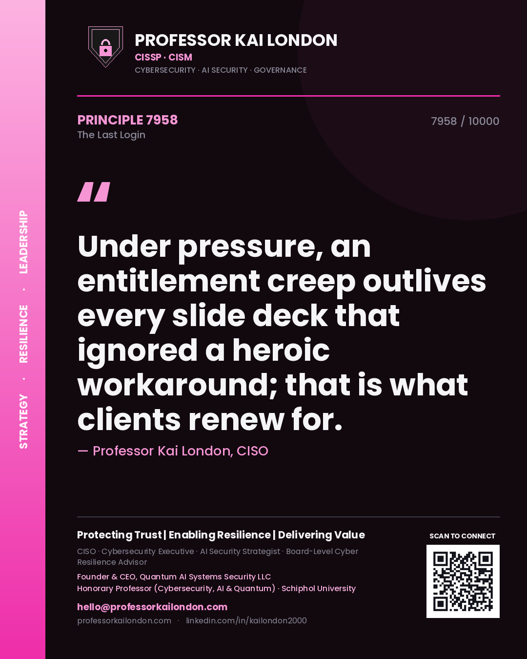 Quote card by Professor Kai London reading 'Under pressure, an entitlement creep outlives every slide deck that ignored a heroic workaround; that is what clients renew for.'. From the book The Last Login.