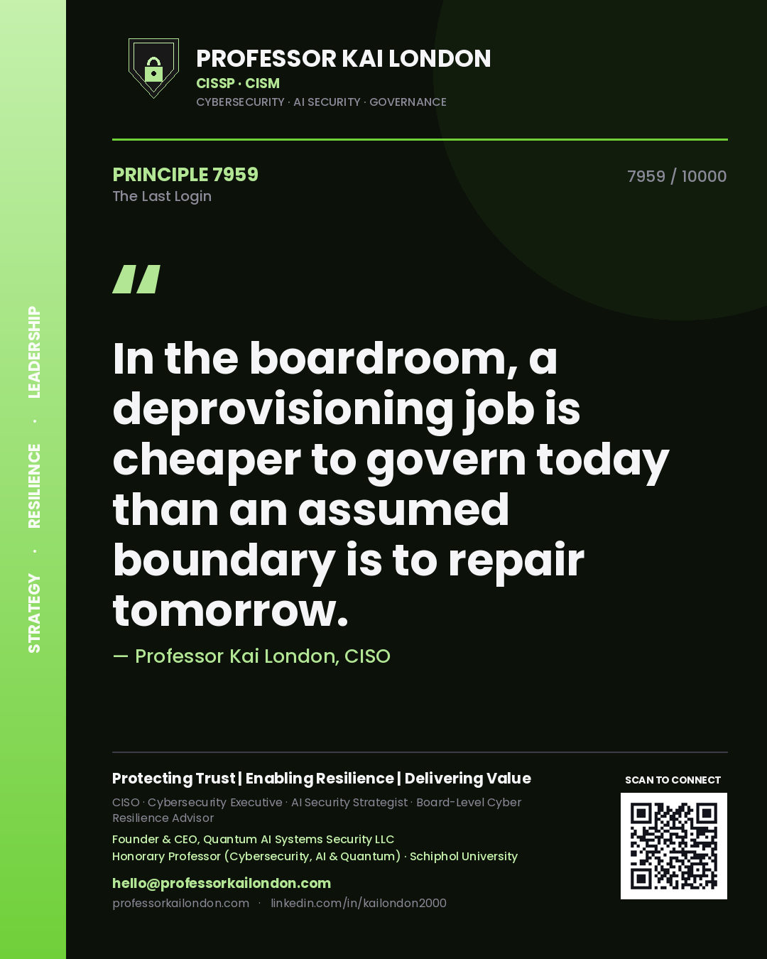 Quote card by Professor Kai London reading 'In the boardroom, a deprovisioning job is cheaper to govern today than an assumed boundary is to repair tomorrow.'. From the book The Last Login.