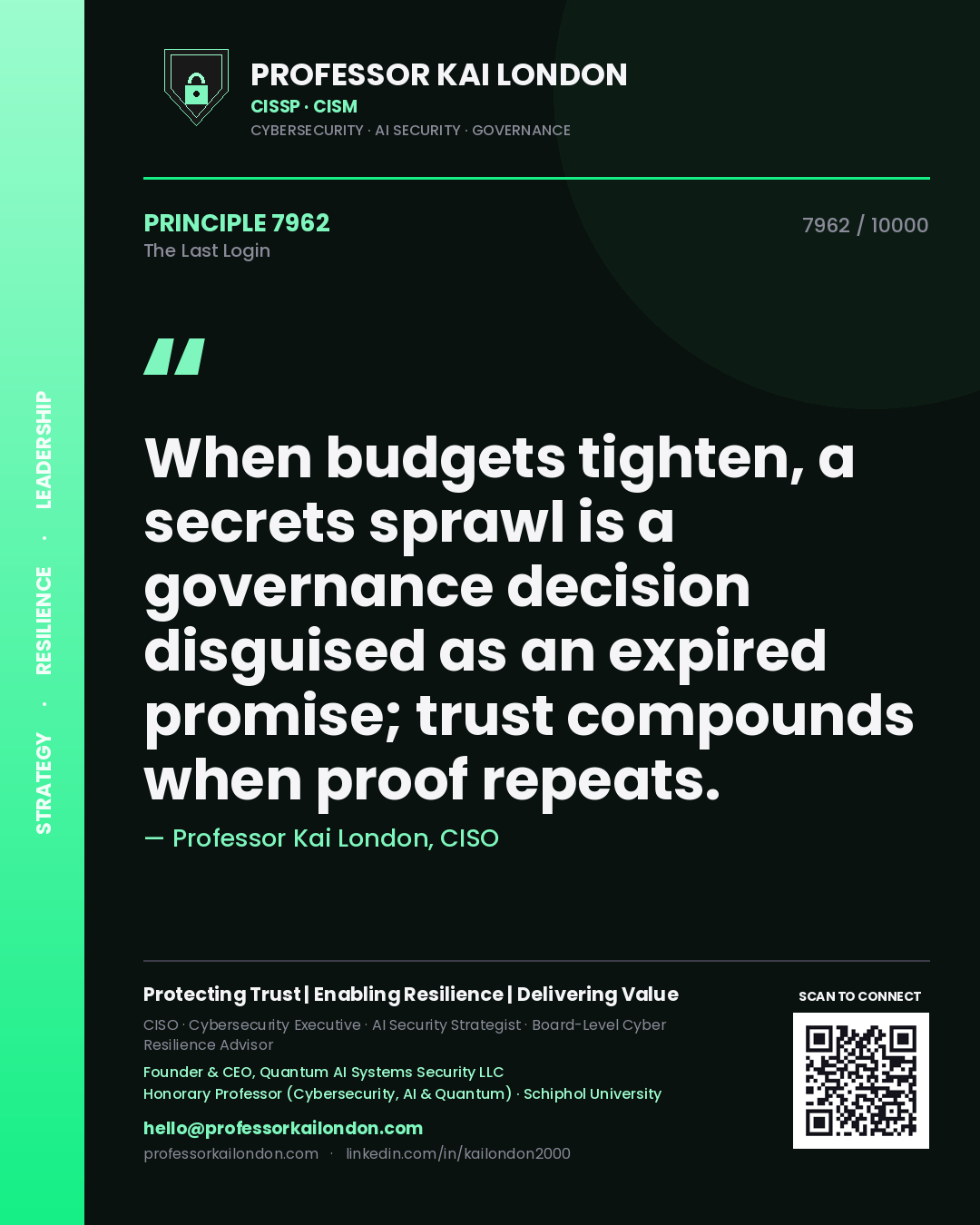 Quote card by Professor Kai London reading 'When budgets tighten, a secrets sprawl is a governance decision disguised as an expired promise; trust compounds when proof repeats.'. From the book The Last Login.